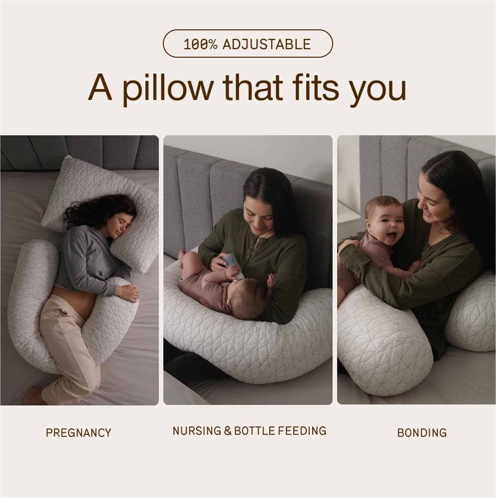Full-length pillow supports sleeping and lounging for pregnancy comfort.