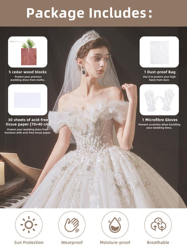 Coorganisers cotton-linen fabric box highlights breathable, durable storage for wedding gowns.
