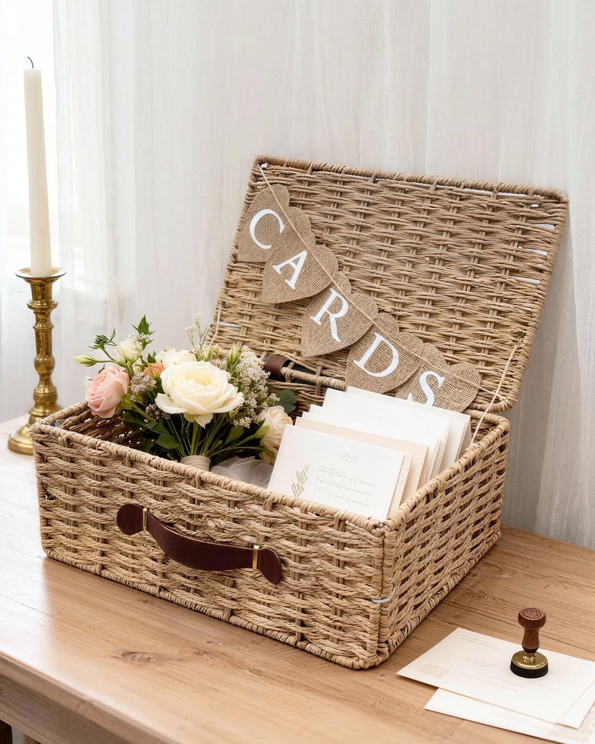 CORALMEE large card box in wicker, front view for elegant guest envelopes