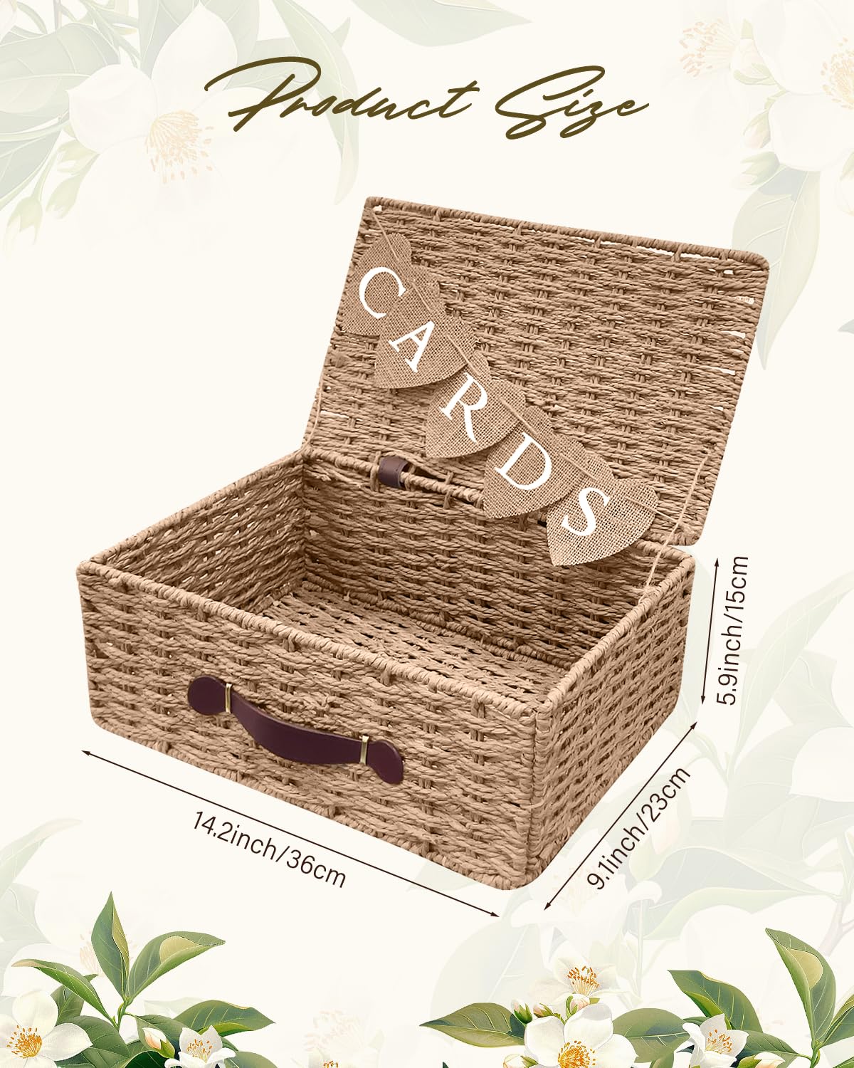 CORALMEE seagrass card box with heart flag guiding guests to drop envelopes