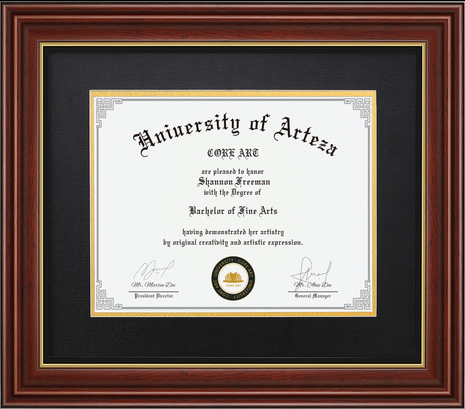 CORE ART diploma frame 11x14 with mat in chocolate brown showcases a diploma beautifully.