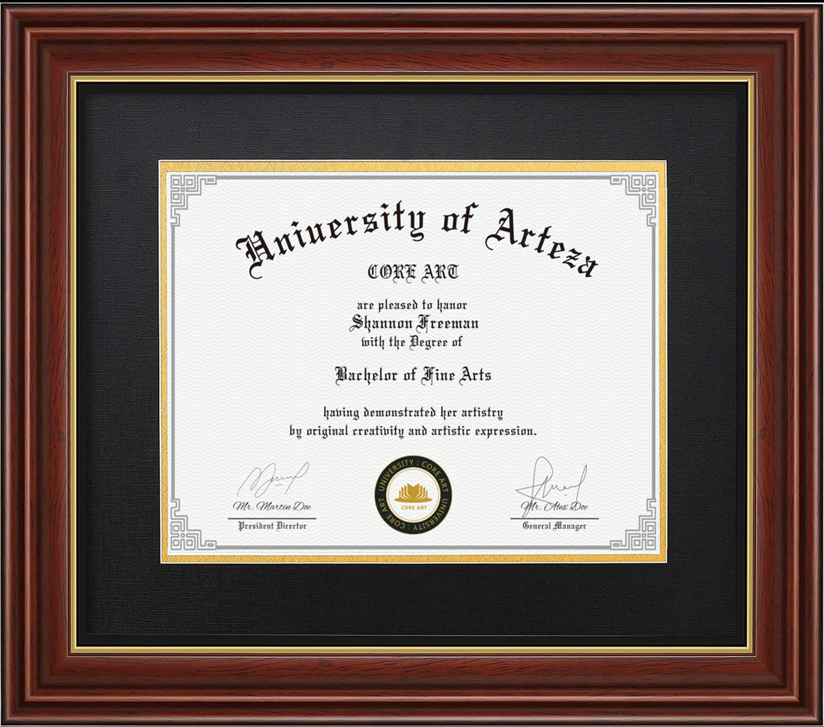 CORE ART diploma frame 11x14 with mat in chocolate brown showcases a diploma beautifully.