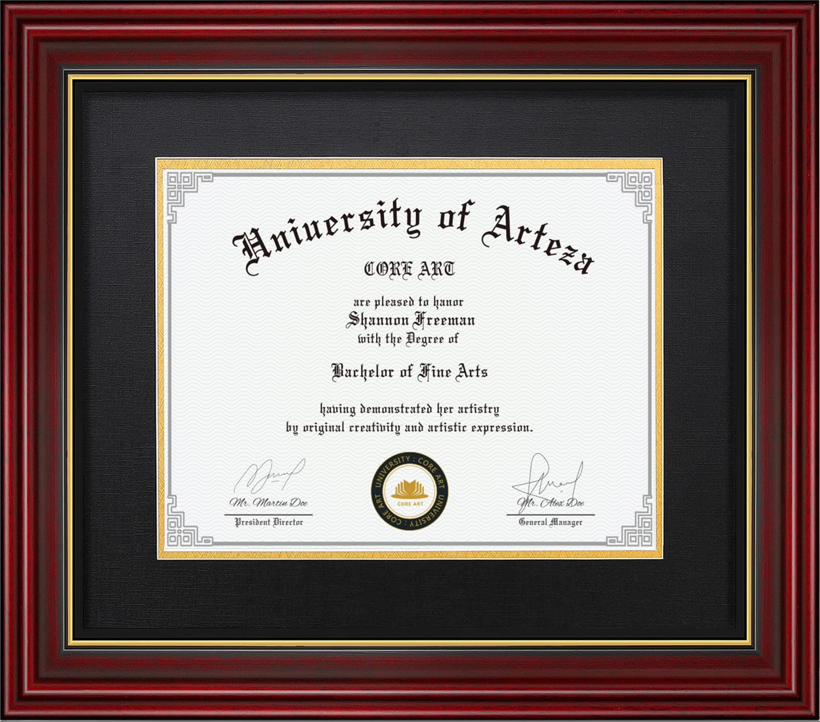 CORE ART diploma frame front view in cherry red offers a sophisticated display for diplomas or certificates.