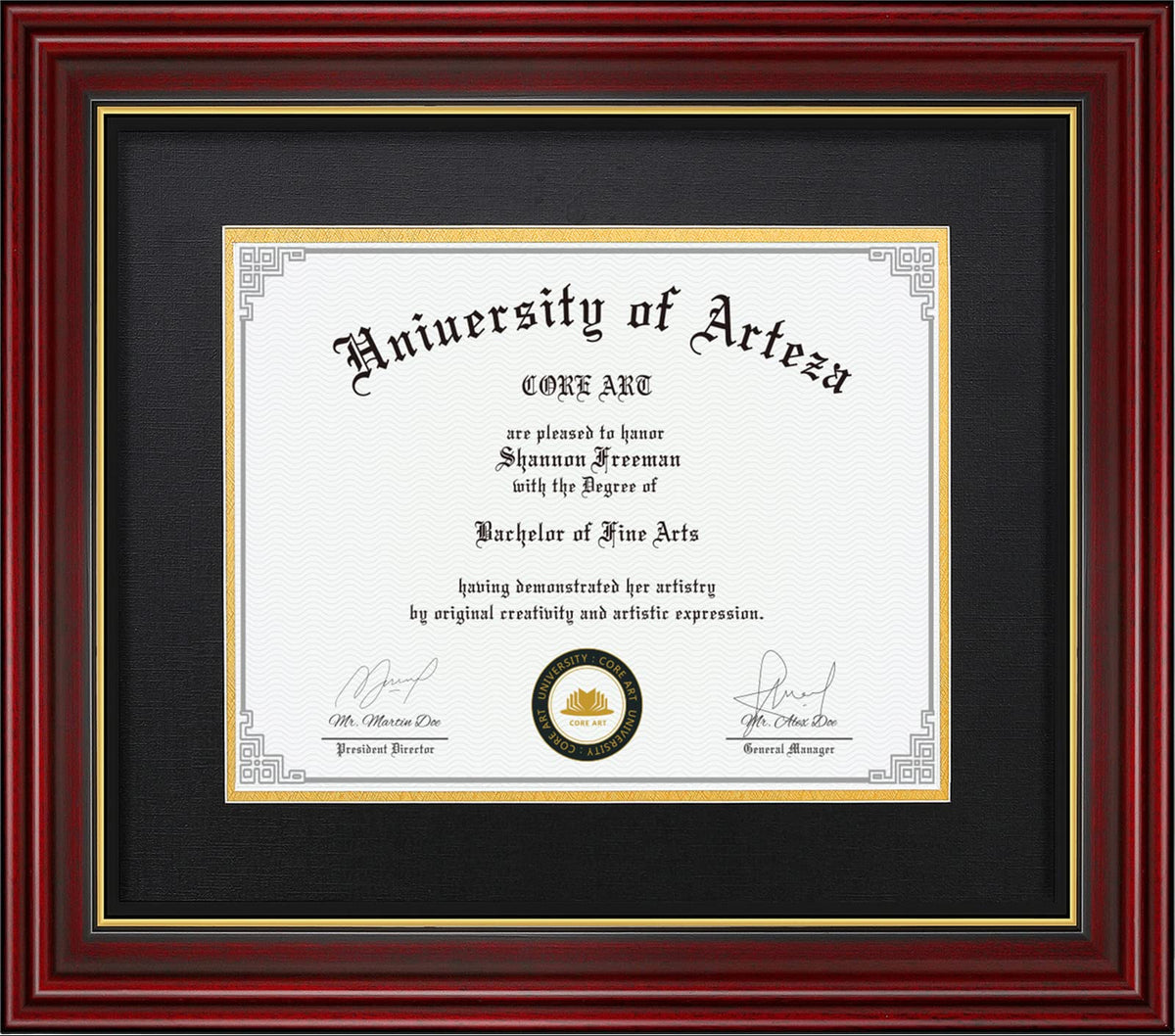 CORE ART diploma frame front view in cherry red offers a sophisticated display for diplomas or certificates.