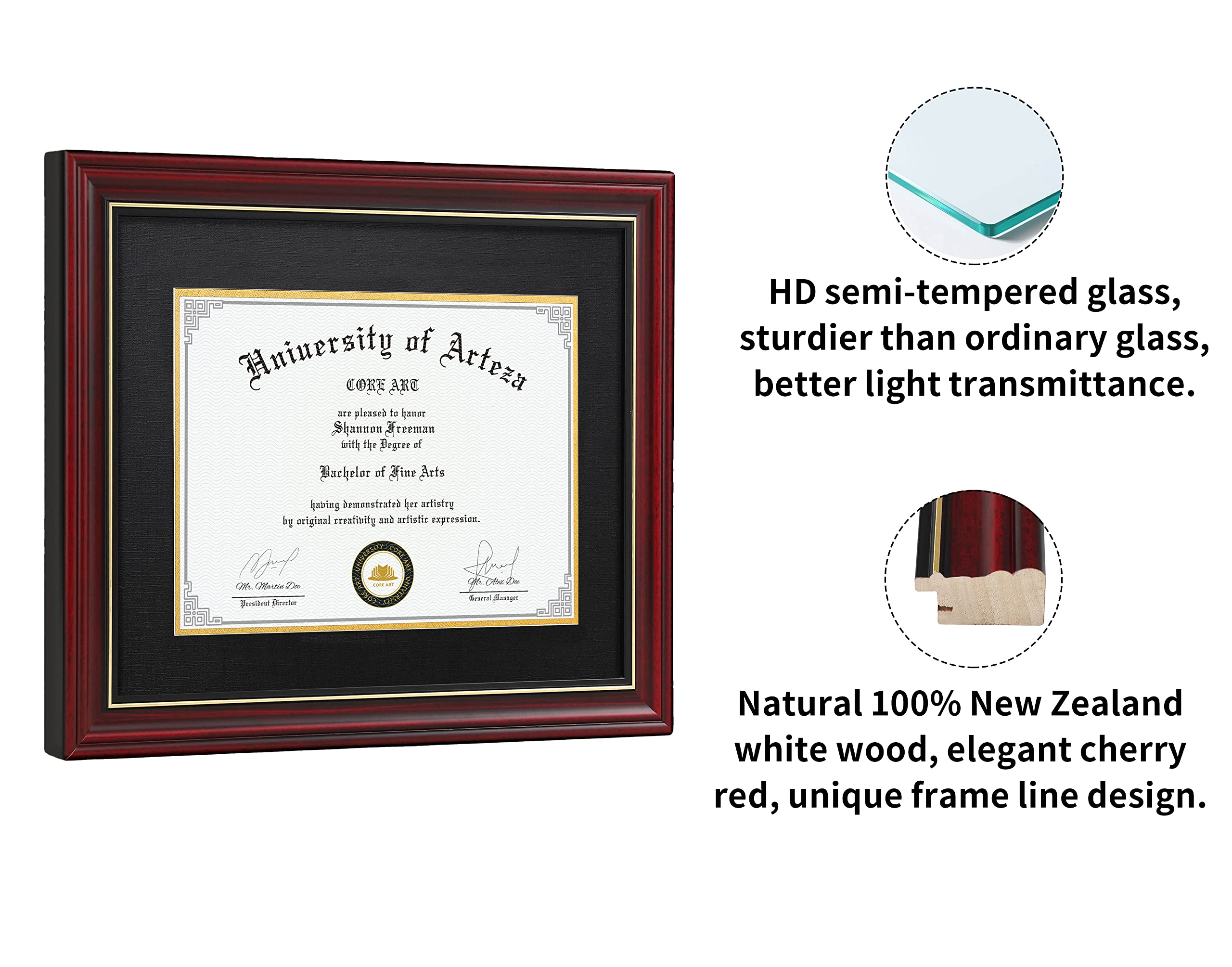 CORE ART diploma frame side view shows solid real wood construction and stable wall mounting.