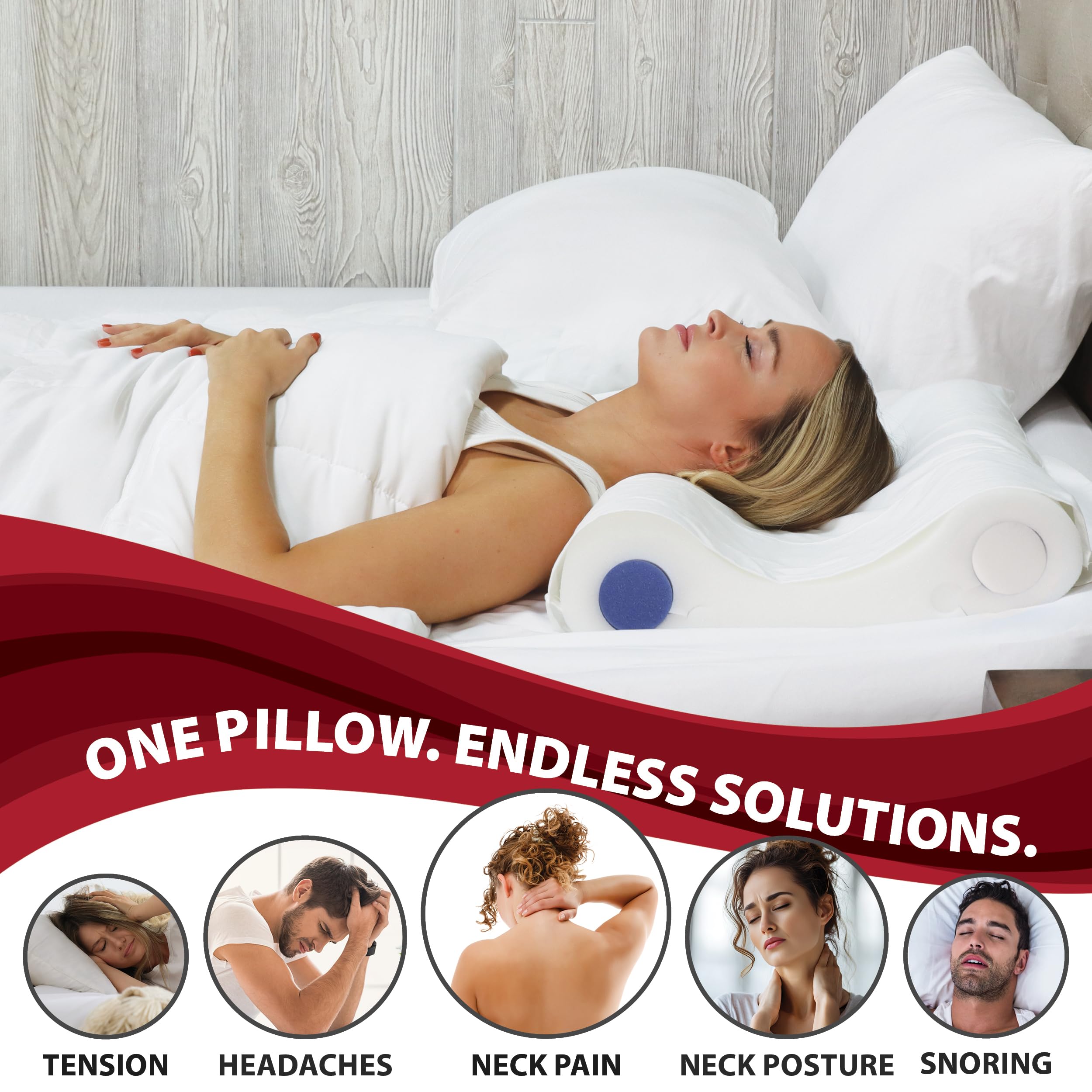 Ergonomic contour cradles head and neck for improved spinal alignment.
