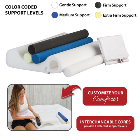 Four interchangeable cores allow gradual firmness for personalized neck relief.