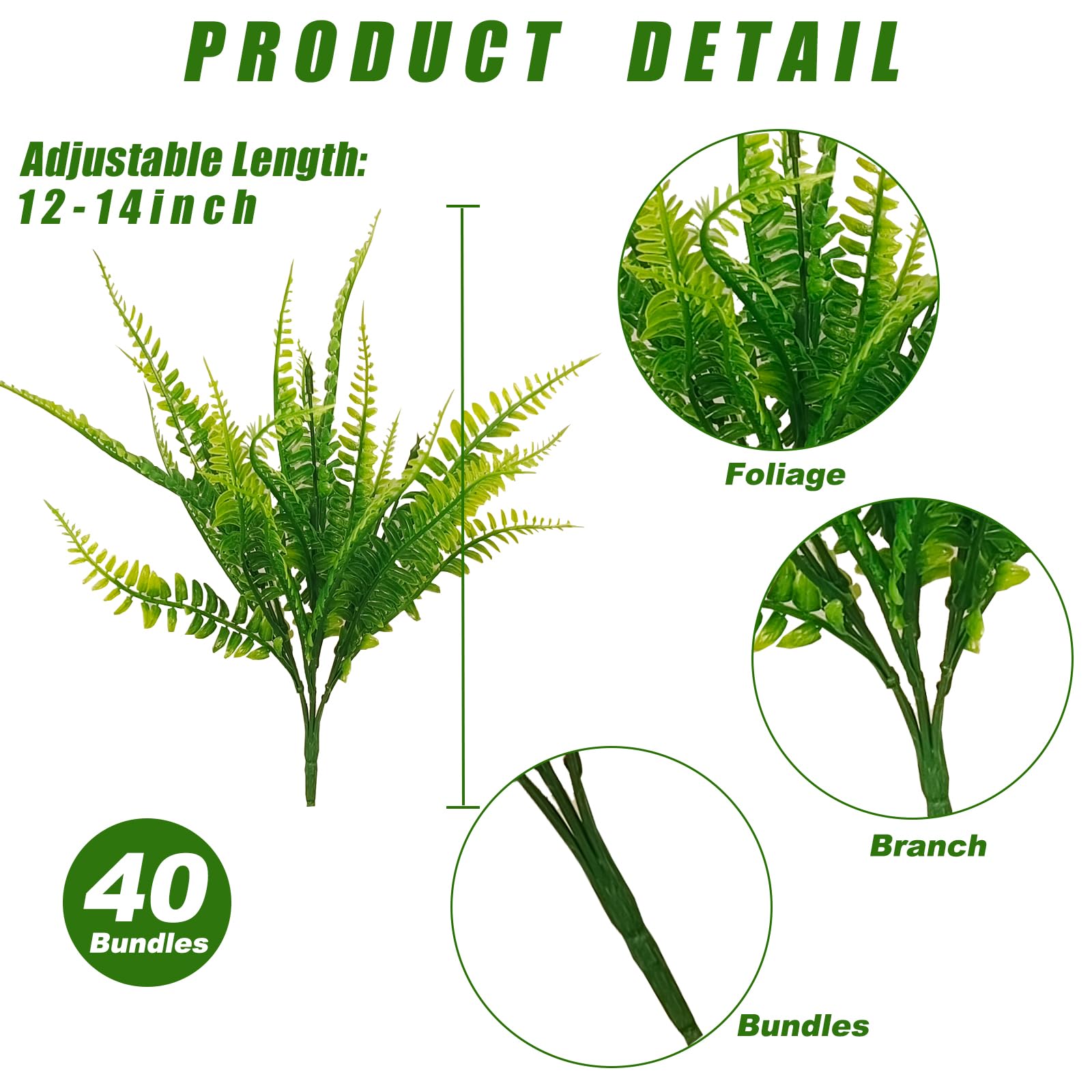 Coreland faux Boston fern plants closeup shows durable plastic leaves for outdoor spaces.