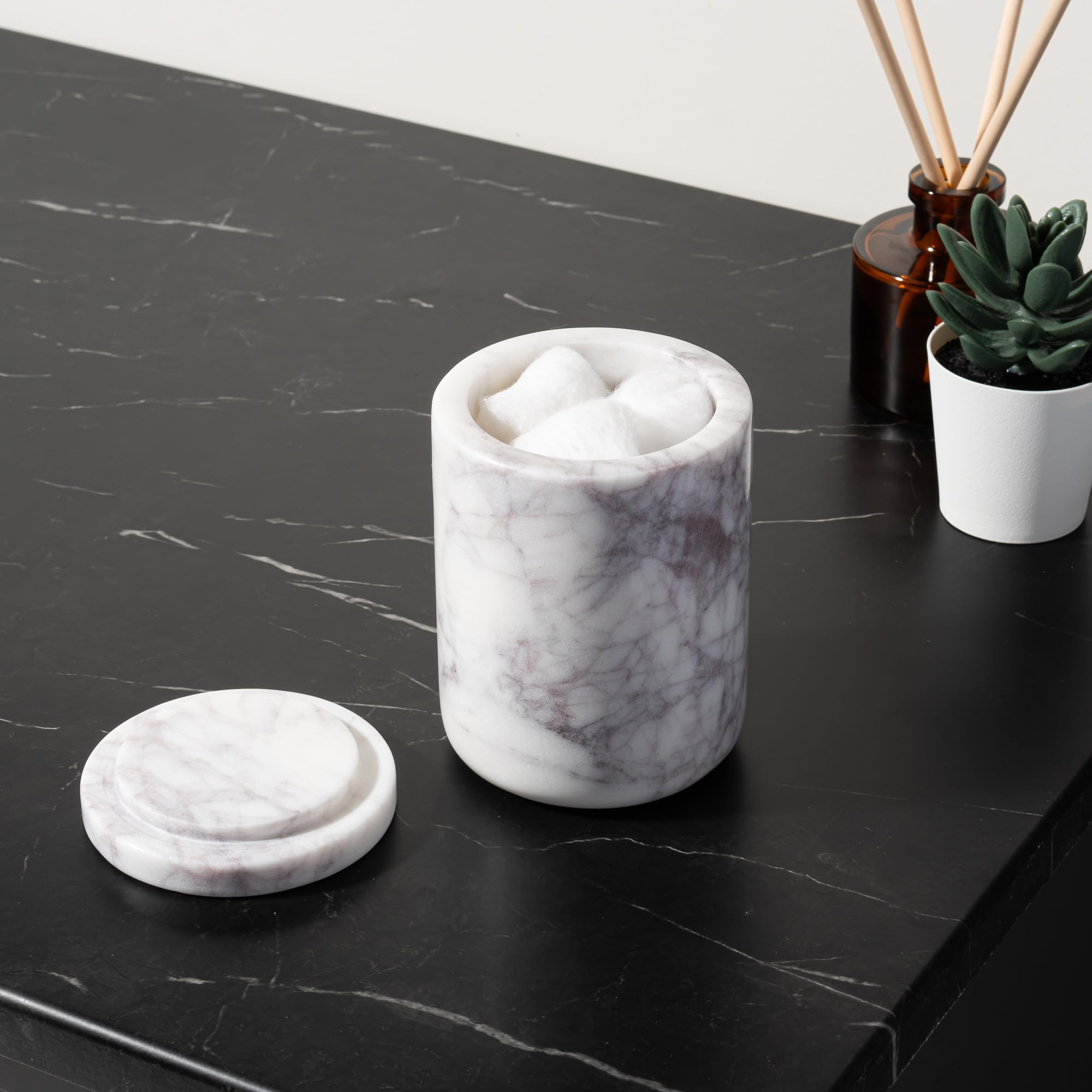 Full Cork & Mill marble set displayed on a coordinated vanity