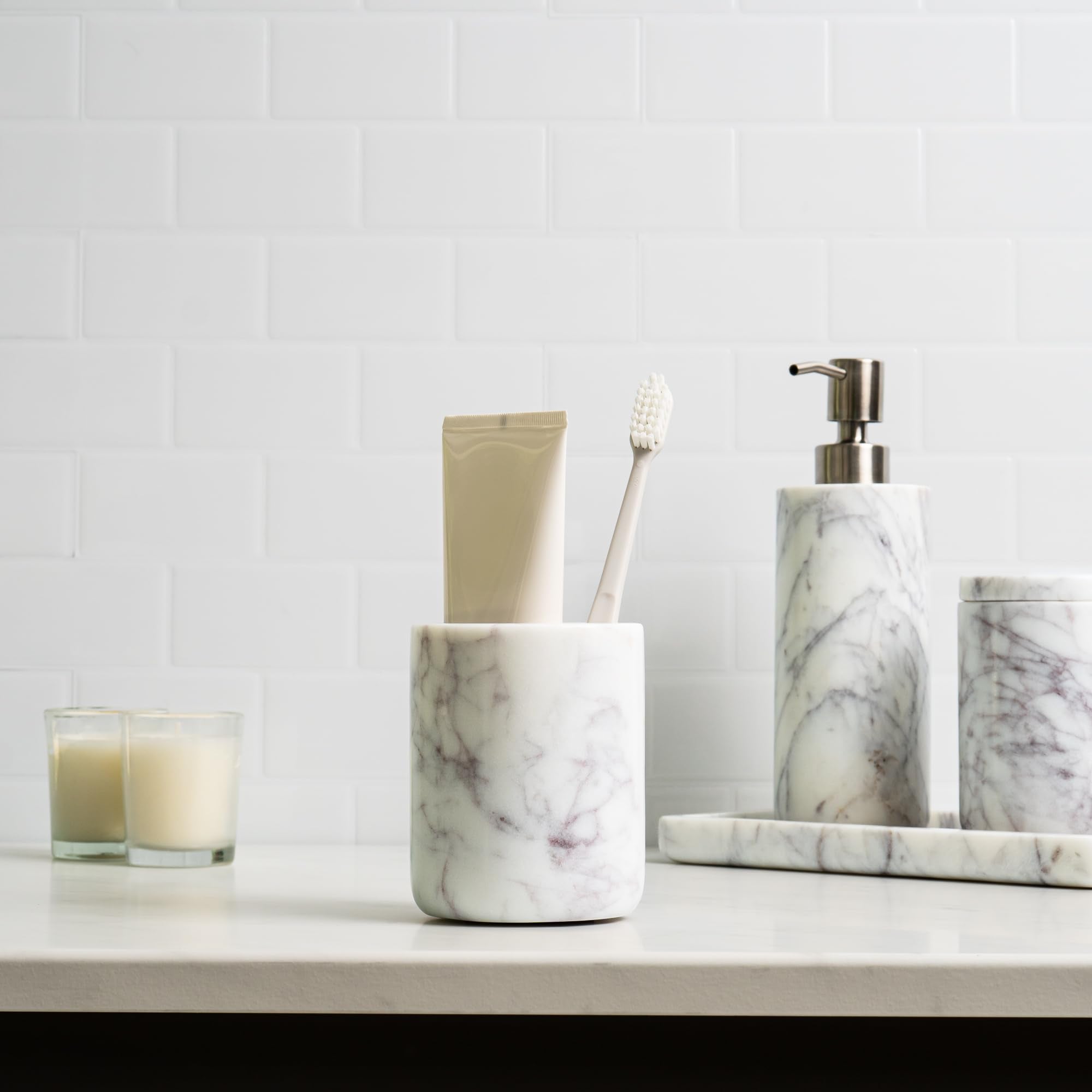 Close-up of Cork & Mill marble pump-top highlighting solid material