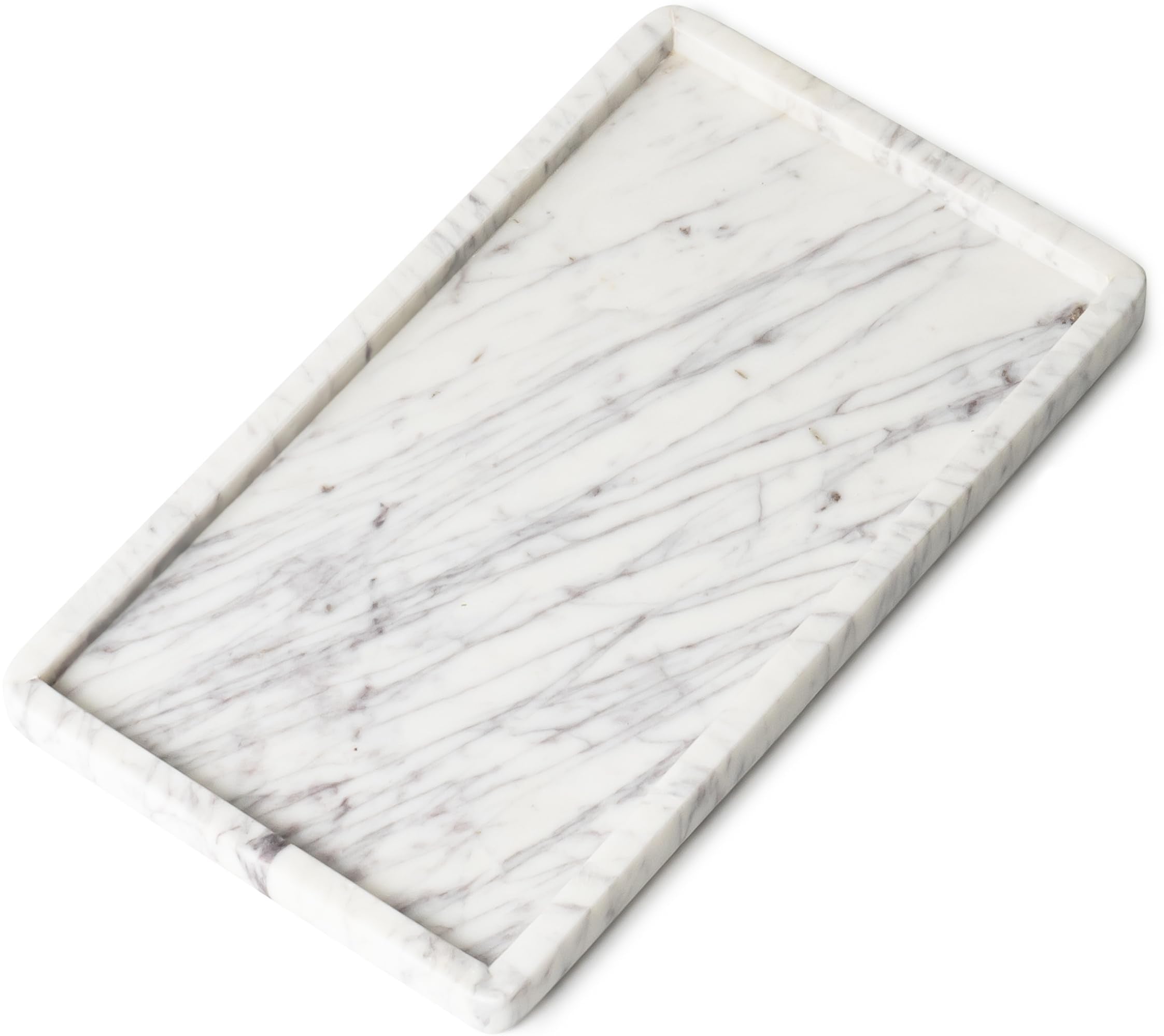 Cork & Mill marble tray on a bathroom countertop keeps skincare items neatly organized.