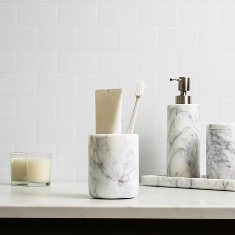 Cork & Mill marble counter organizer for toothbrushes and toothpaste