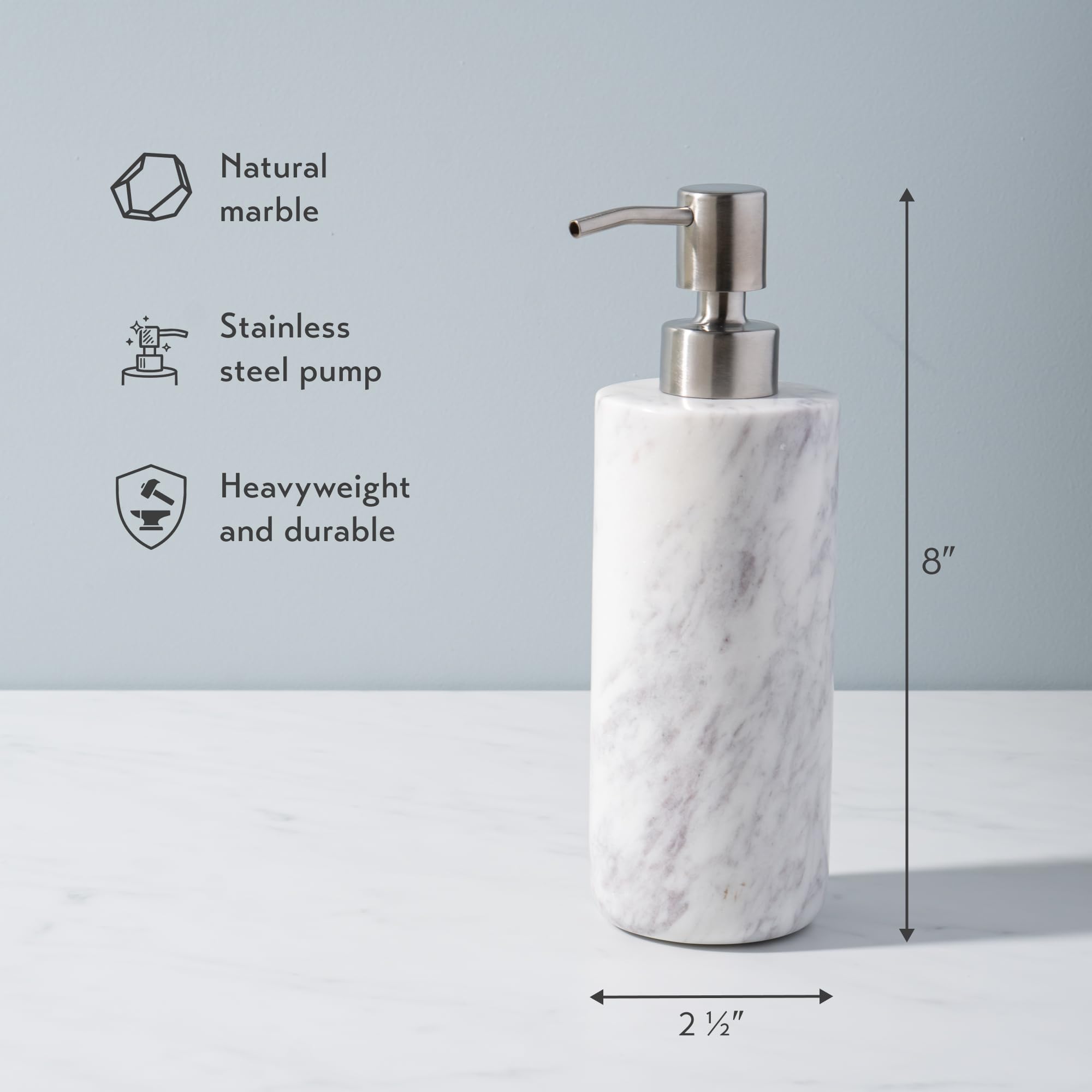 Cork & Mill marble dispenser in kitchen setting for dish or hand soap.