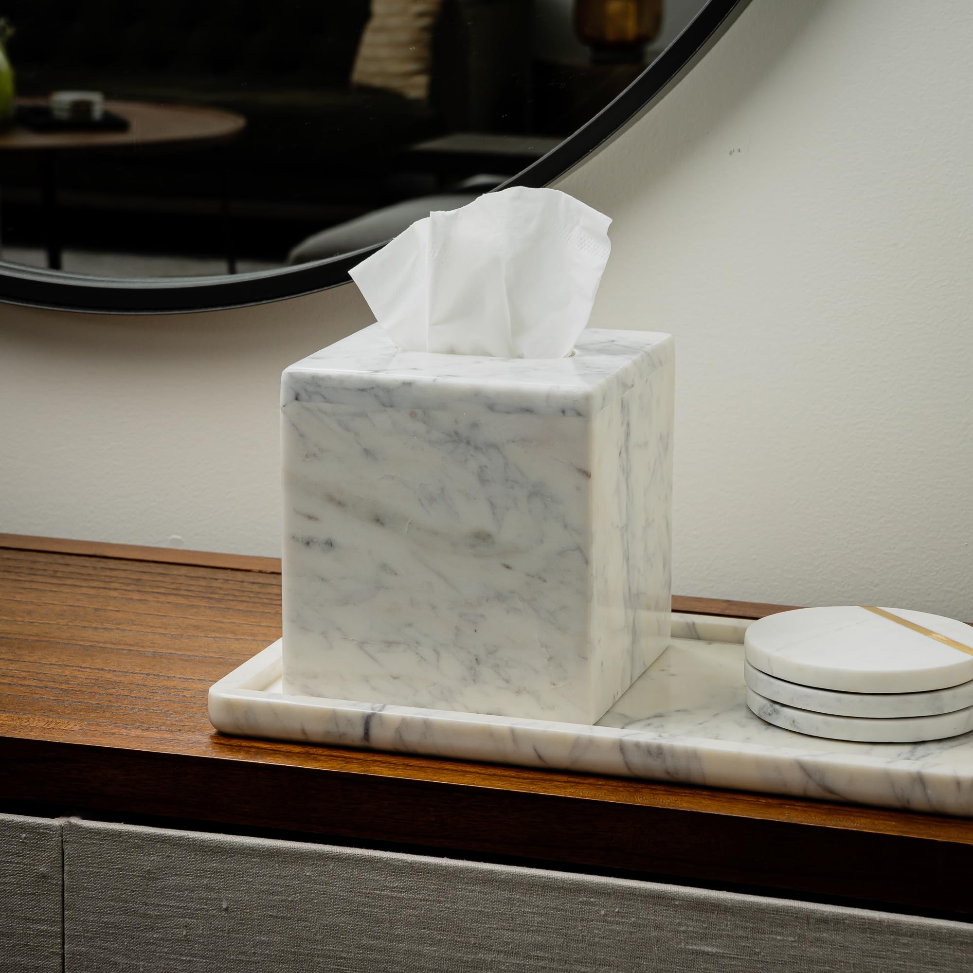 Cork & Mill marble tissue box cover in bathroom vanity scene