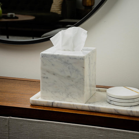 Cork & Mill marble tissue box cover in bathroom vanity scene