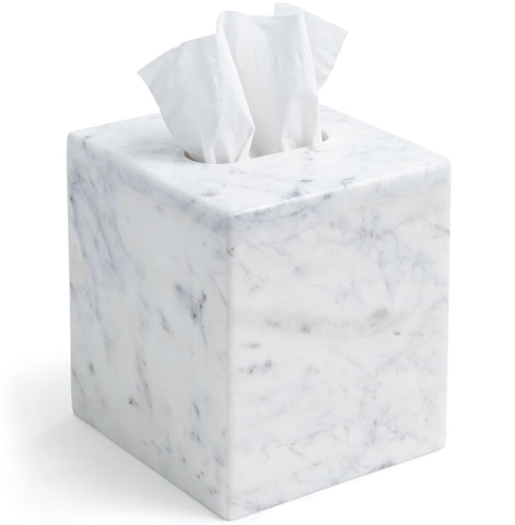 Cork & Mill marble tissue box cover front view showing luxurious white marble and stable base