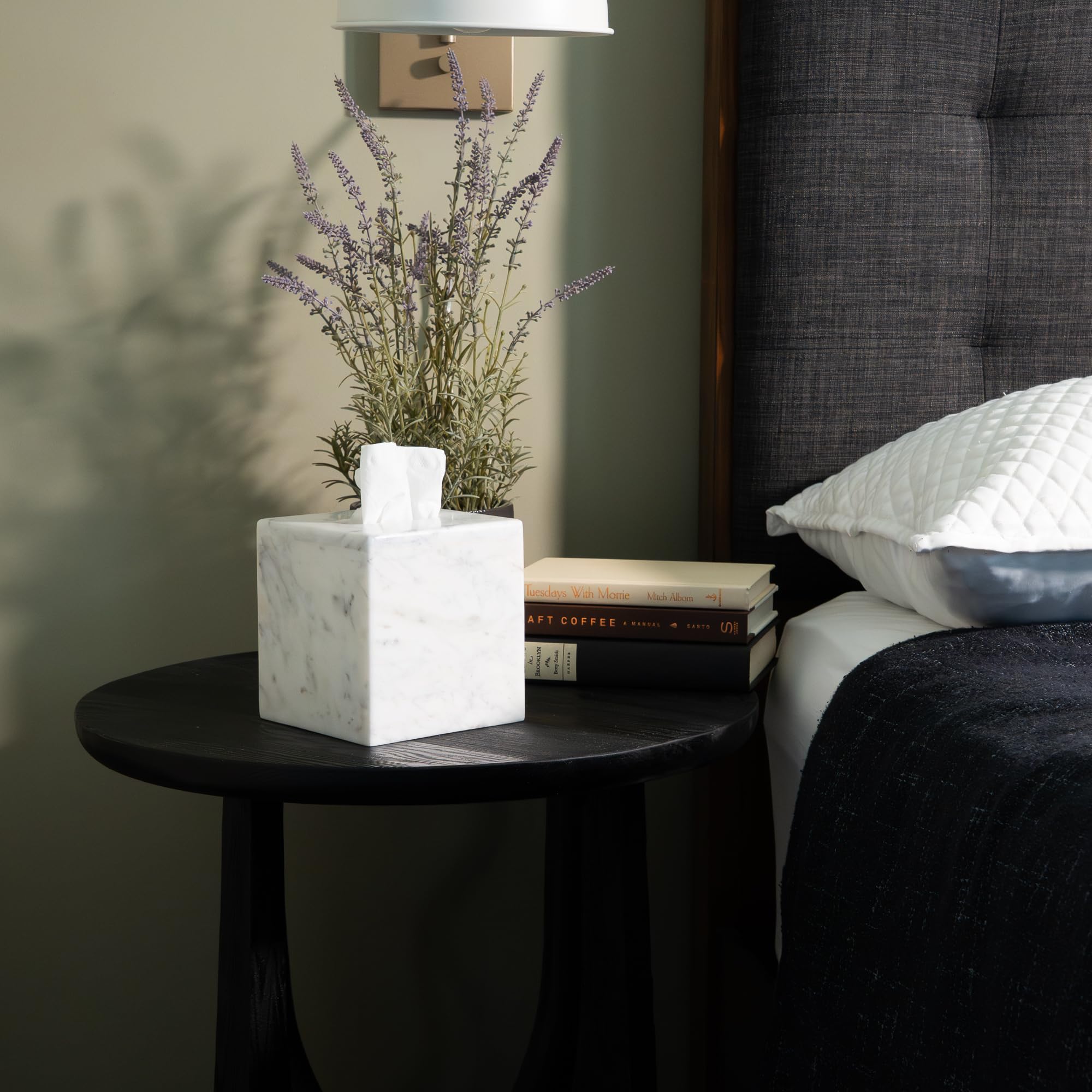Cork & Mill marble tissue box cover in living room setup on a coffee table