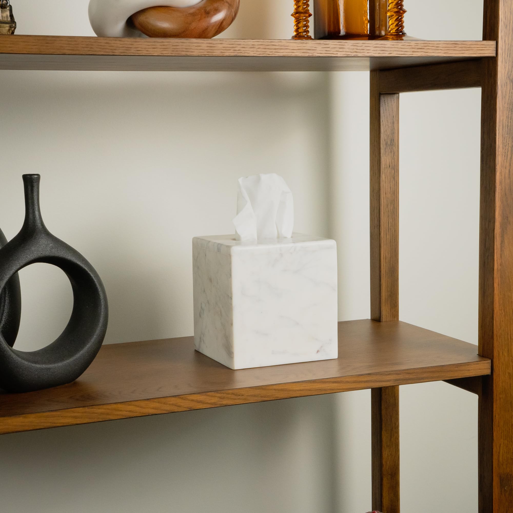Cork & Mill marble tissue box cover side detail emphasizing natural veining