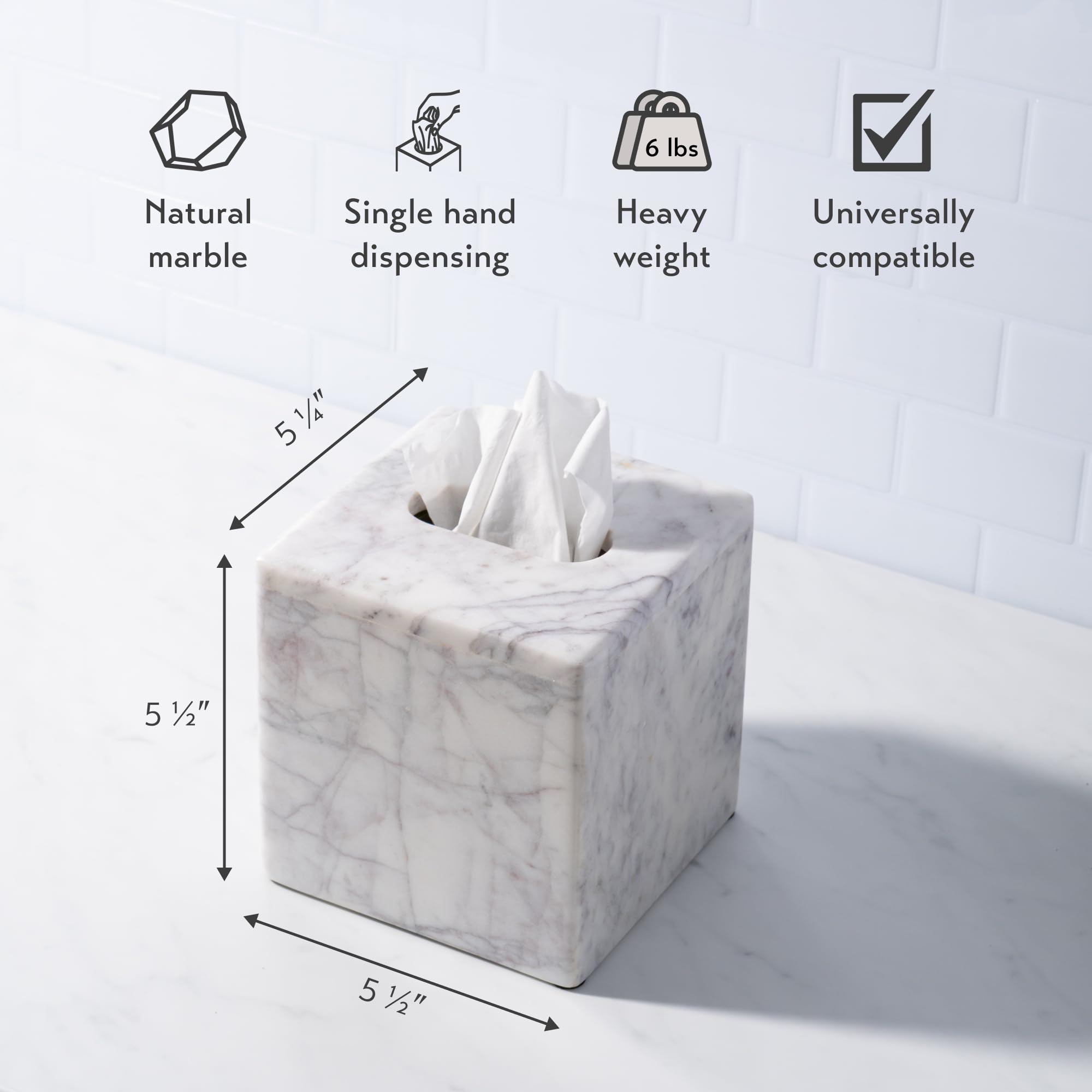 Cork & Mill marble tissue box cover top view highlighting clean lines and fit