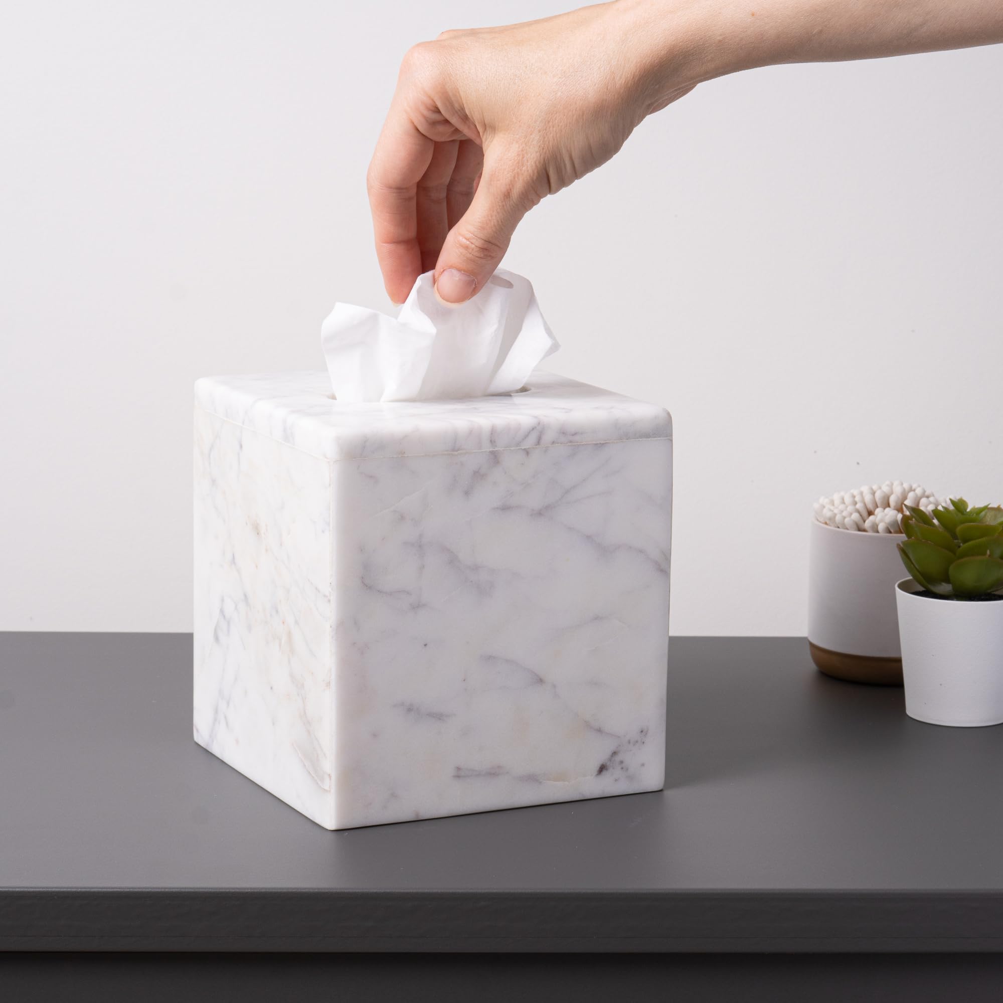 Cork & Mill marble tissue box cover weight profile underscores stability during use