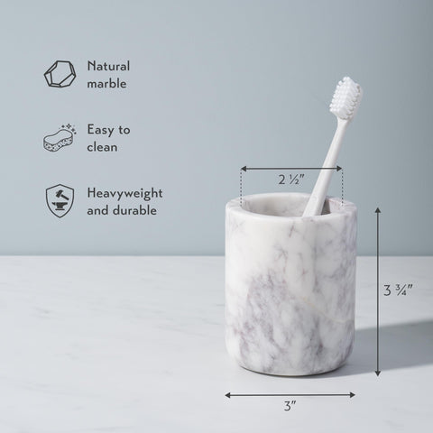 Cork & Mill marble toothbrush holder side view on bathroom counter