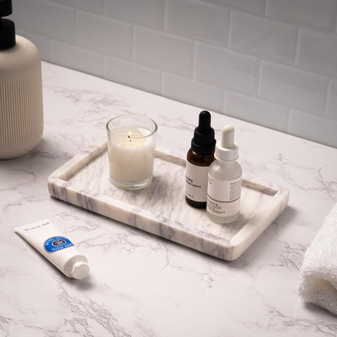 Cork & Mill marble tray on bathroom counter keeps essentials organized and elegant