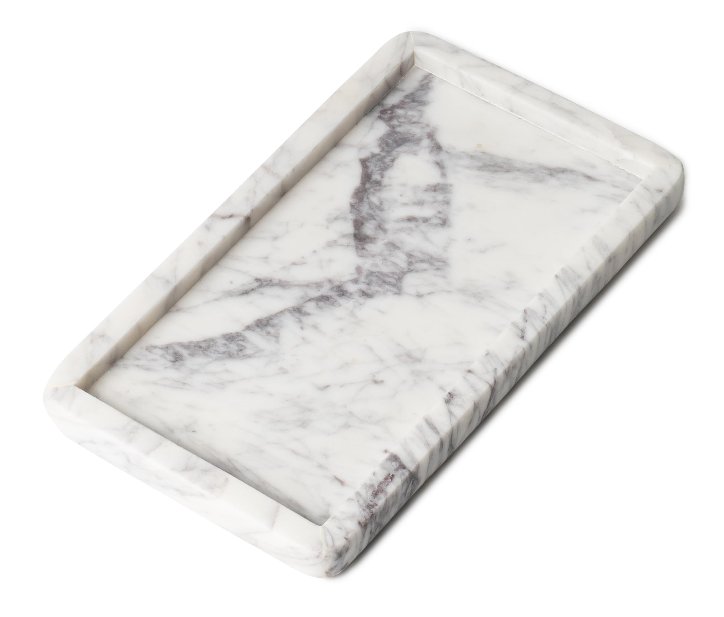 Cork & Mill marble tray design close-up shows unique veining for a luxe vanity