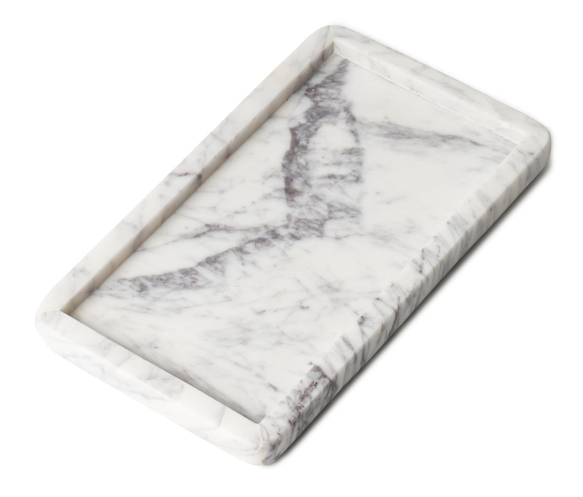 Cork & Mill marble tray design close-up shows unique veining for a luxe vanity
