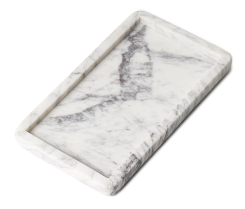 Cork & Mill marble tray design close-up shows unique veining for a luxe vanity