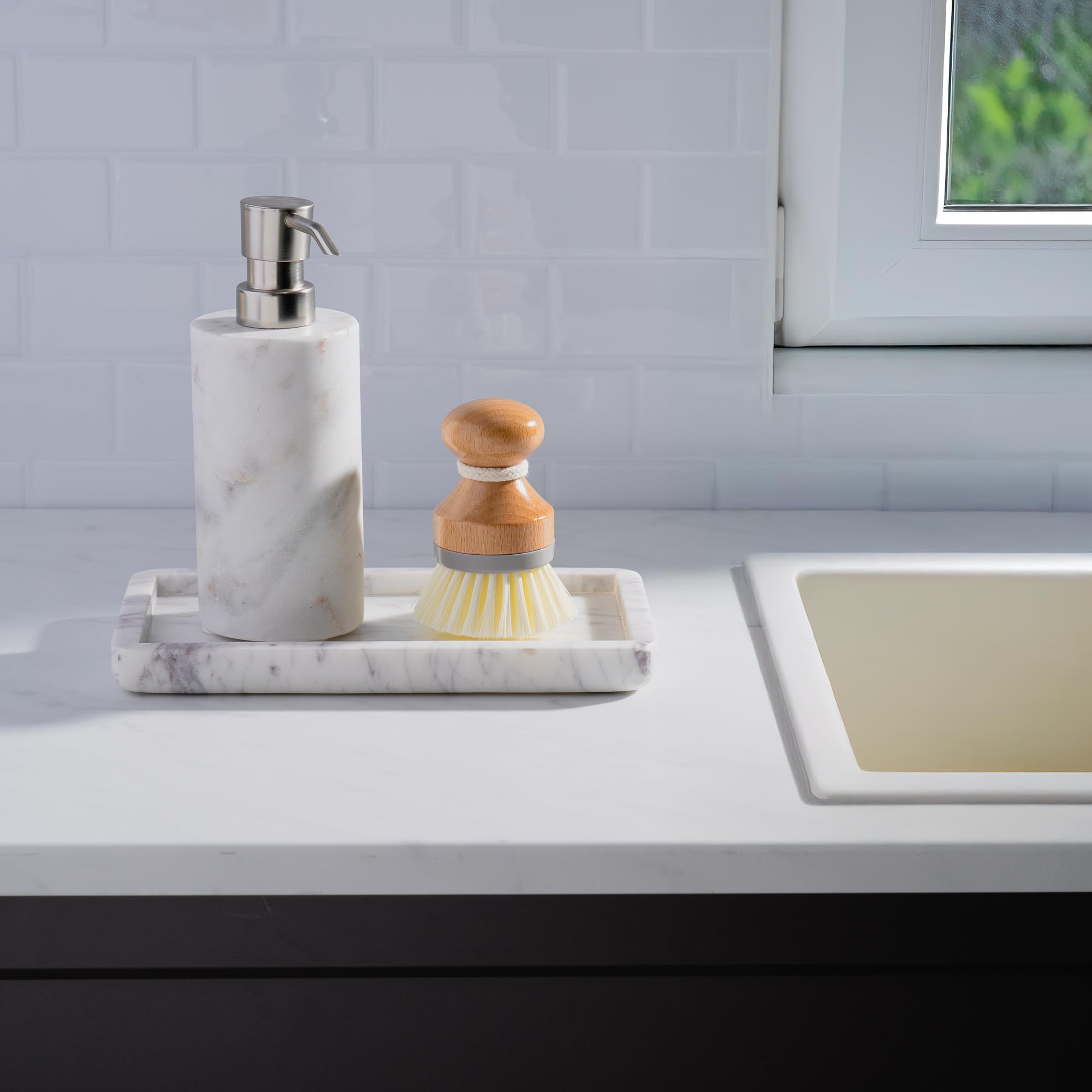 Cork & Mill marble tray beside sink ideal for soap dispensers and decor