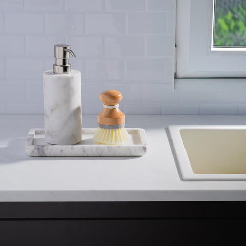 Cork & Mill marble tray beside sink ideal for soap dispensers and decor