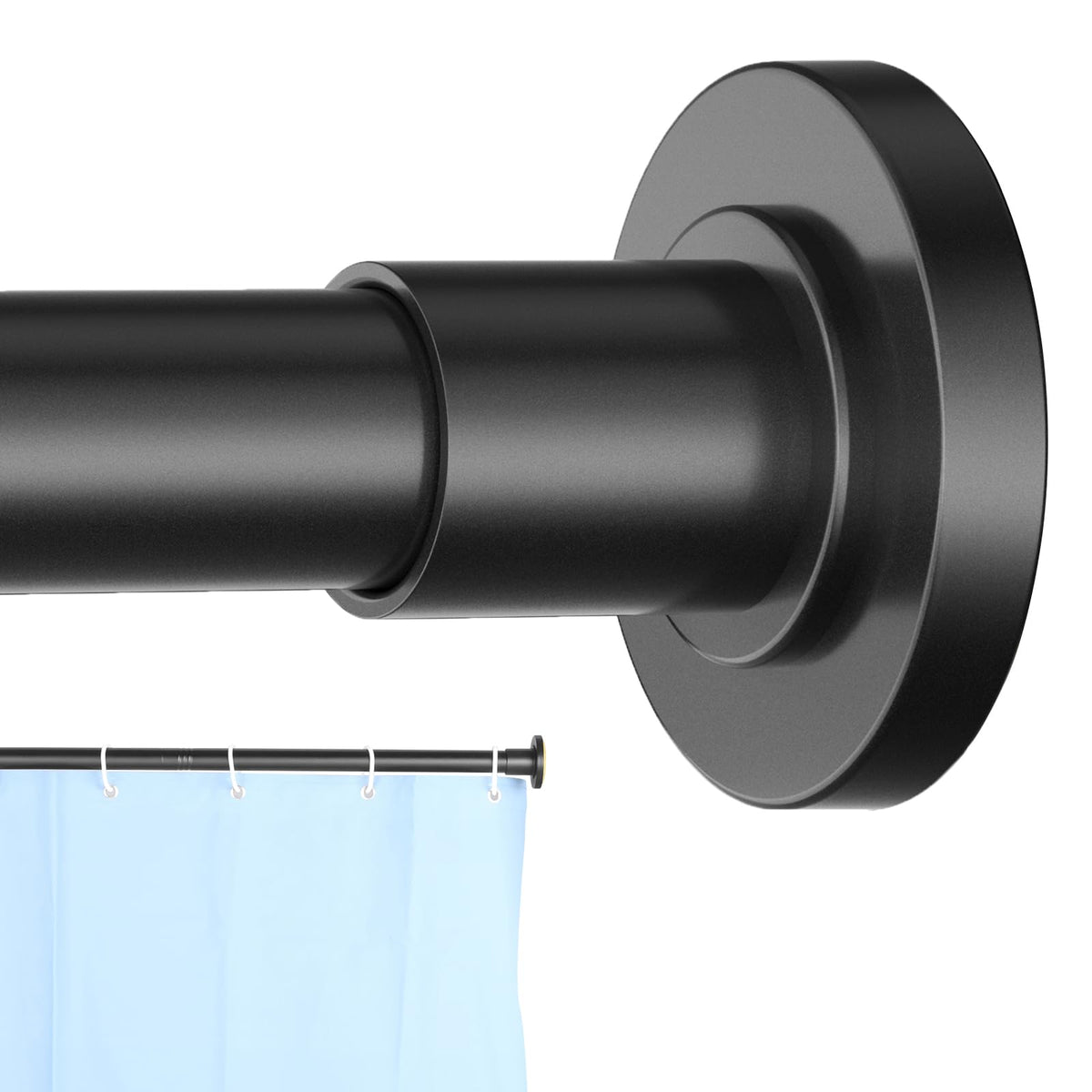 CorkLatta Black Shower Curtain Rod shows 31-104 inch adjustable extension for tight spaces.
