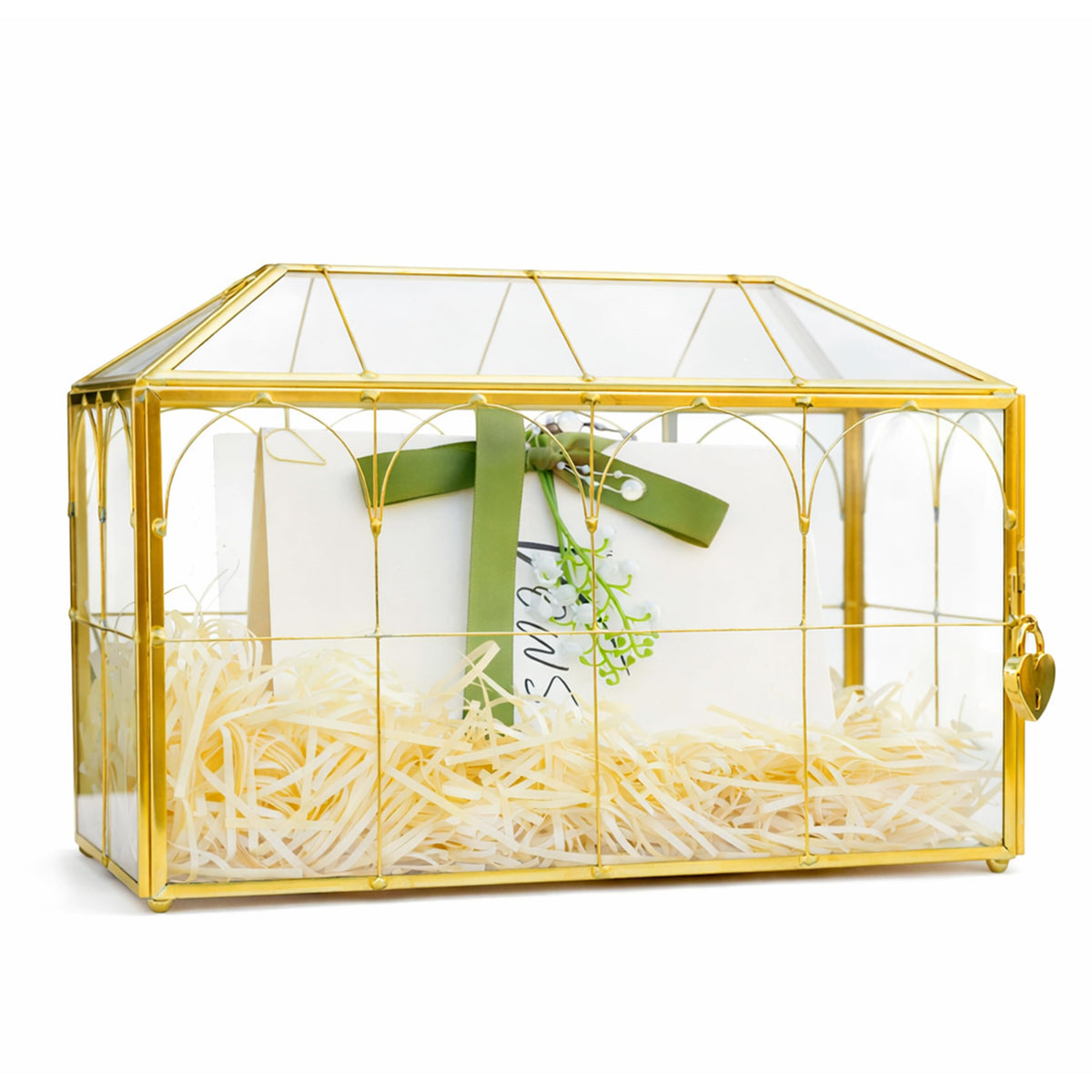 Corvanero wedding card box front view with glass and gold trim for elegant reception decor