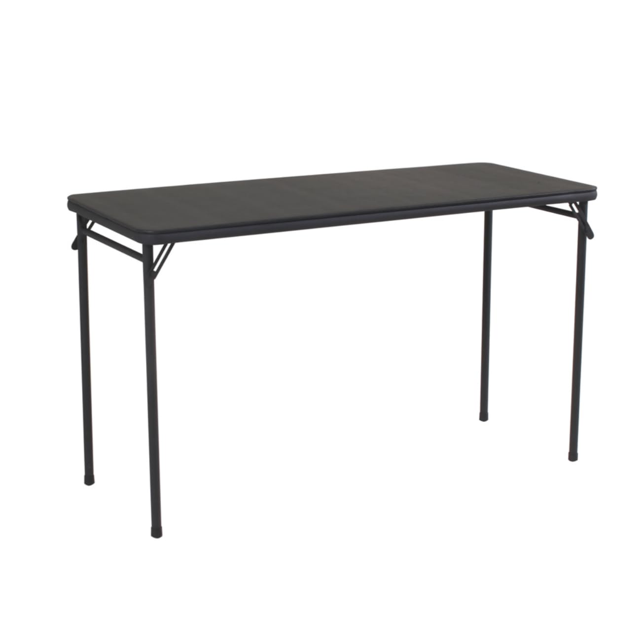 Cosco 20x48 vinyl top folding table with black surface, ideal for gatherings.