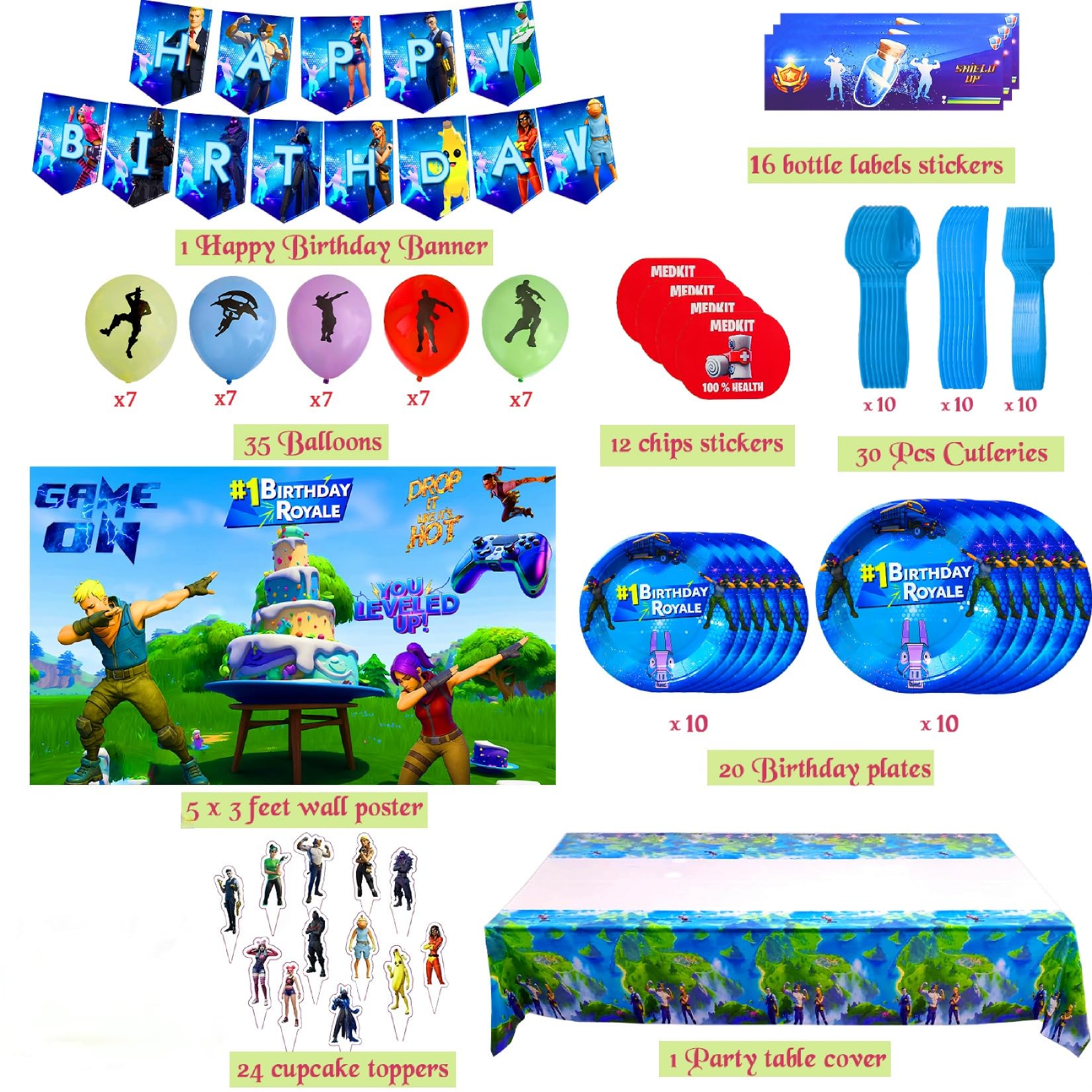 Cosmic Party bottle stickers and labels add playful game-themed flair