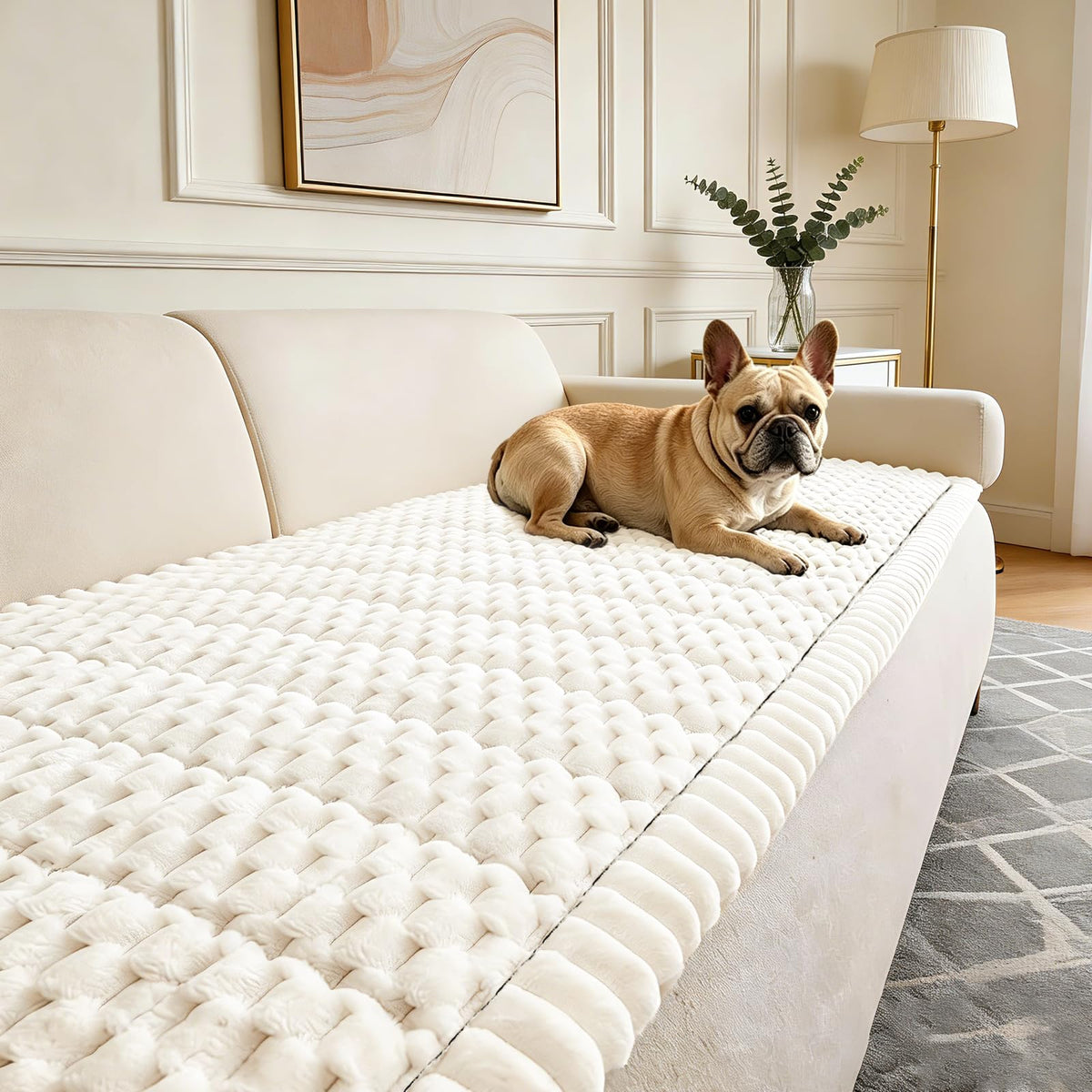CoSofSLIP couch cover for dogs, washable beige, protects furniture from dirt and hair.