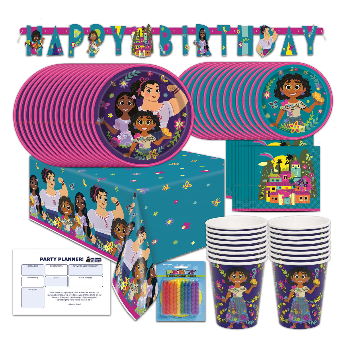 Costume Wizard Encanto banner 9ft backdrop for a festive party setup.