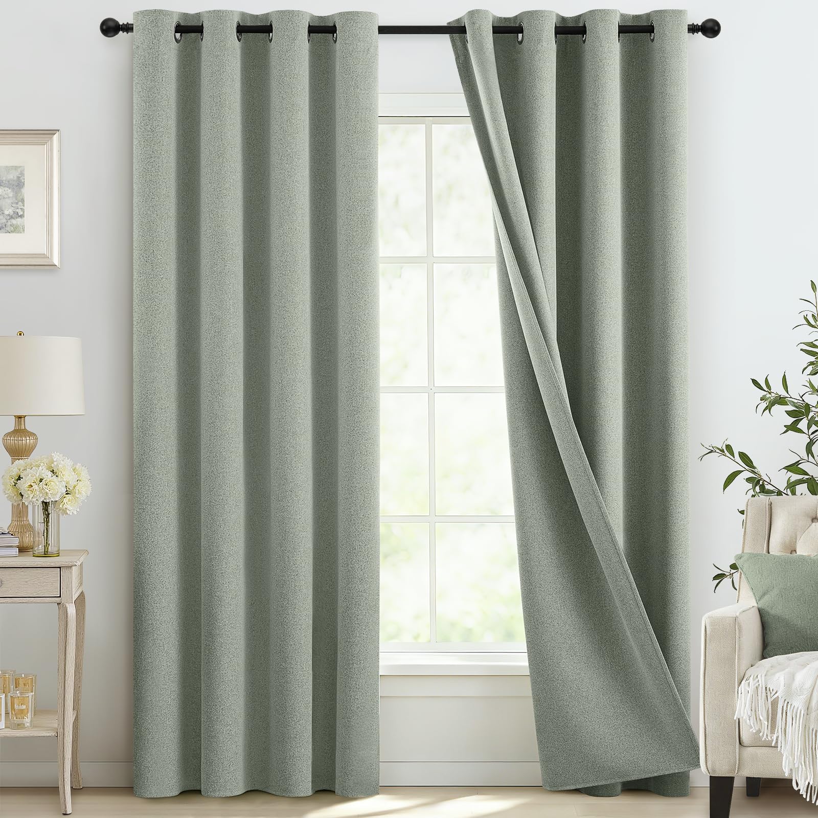 COSVIYA blackout sage green panel front view with grommets for easy hanging and room darkening.