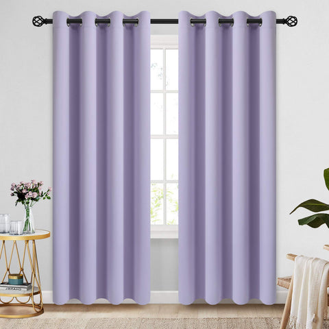 COSVIYA grommet curtains in lilac color shown in packaged display for easy setup and privacy