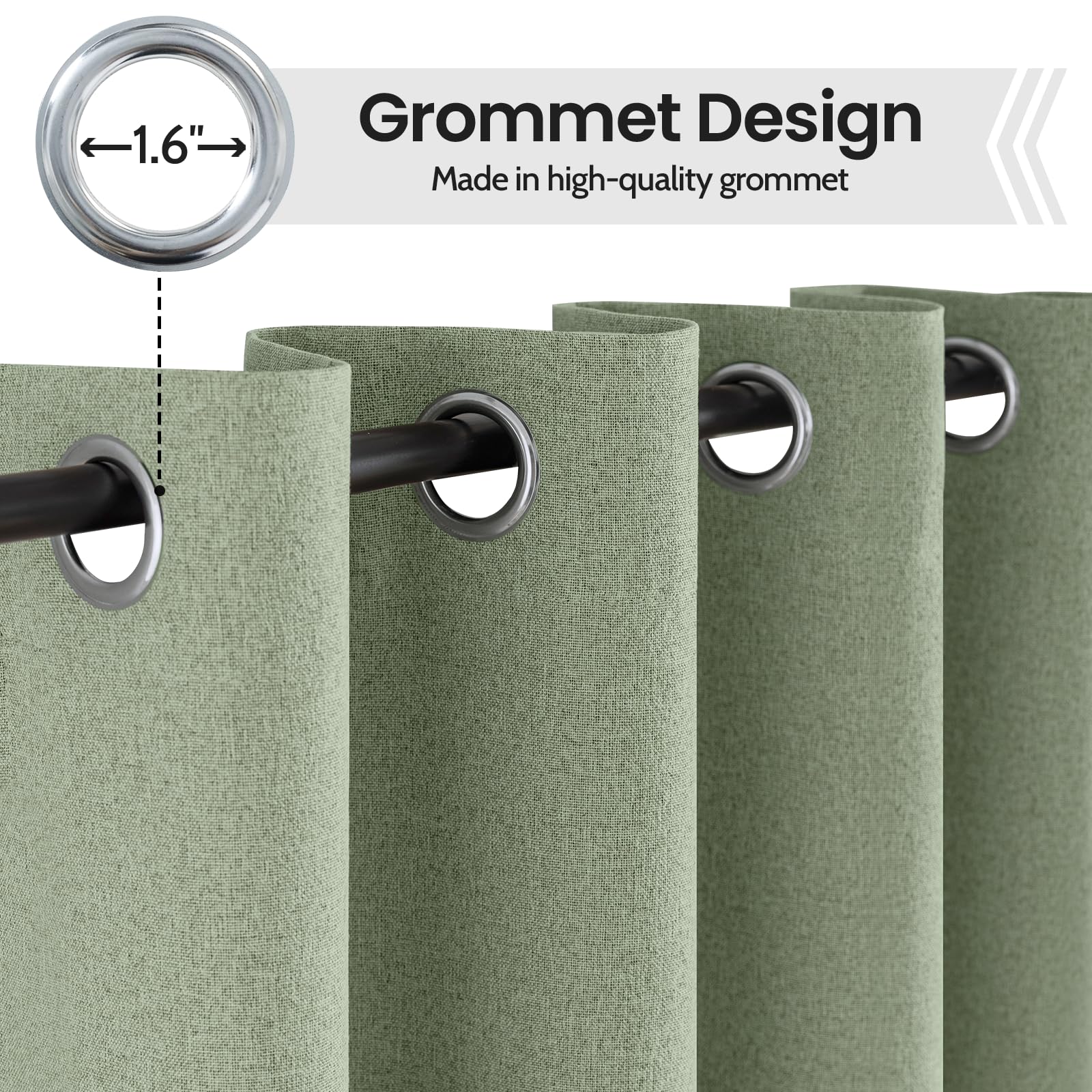 Grommet-top COSVIYA curtains in sage green ready to slide smoothly.