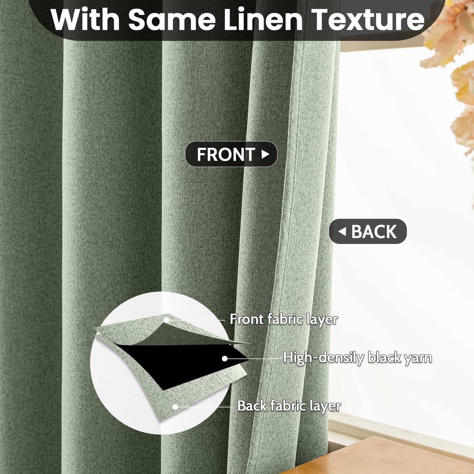 Close-up of COSVIYA linen texture on blackout curtains for a soft, premium feel.