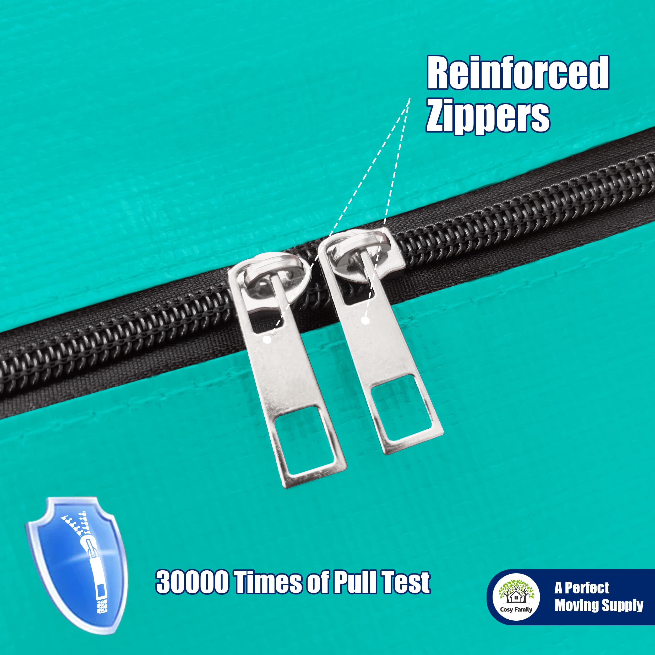 Cosy Family reinforced zipper on moving bag for long-lasting use