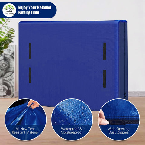 Cosy Family blue waterproof mattress bag shields from dust and moisture.