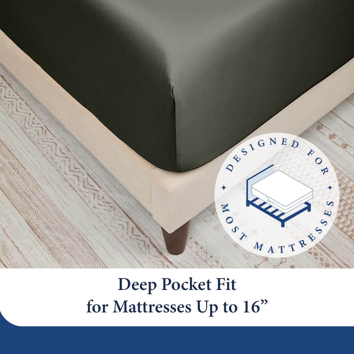 Cosy House Collection bamboo sheets showing 16-inch deep pockets for a secure fit.