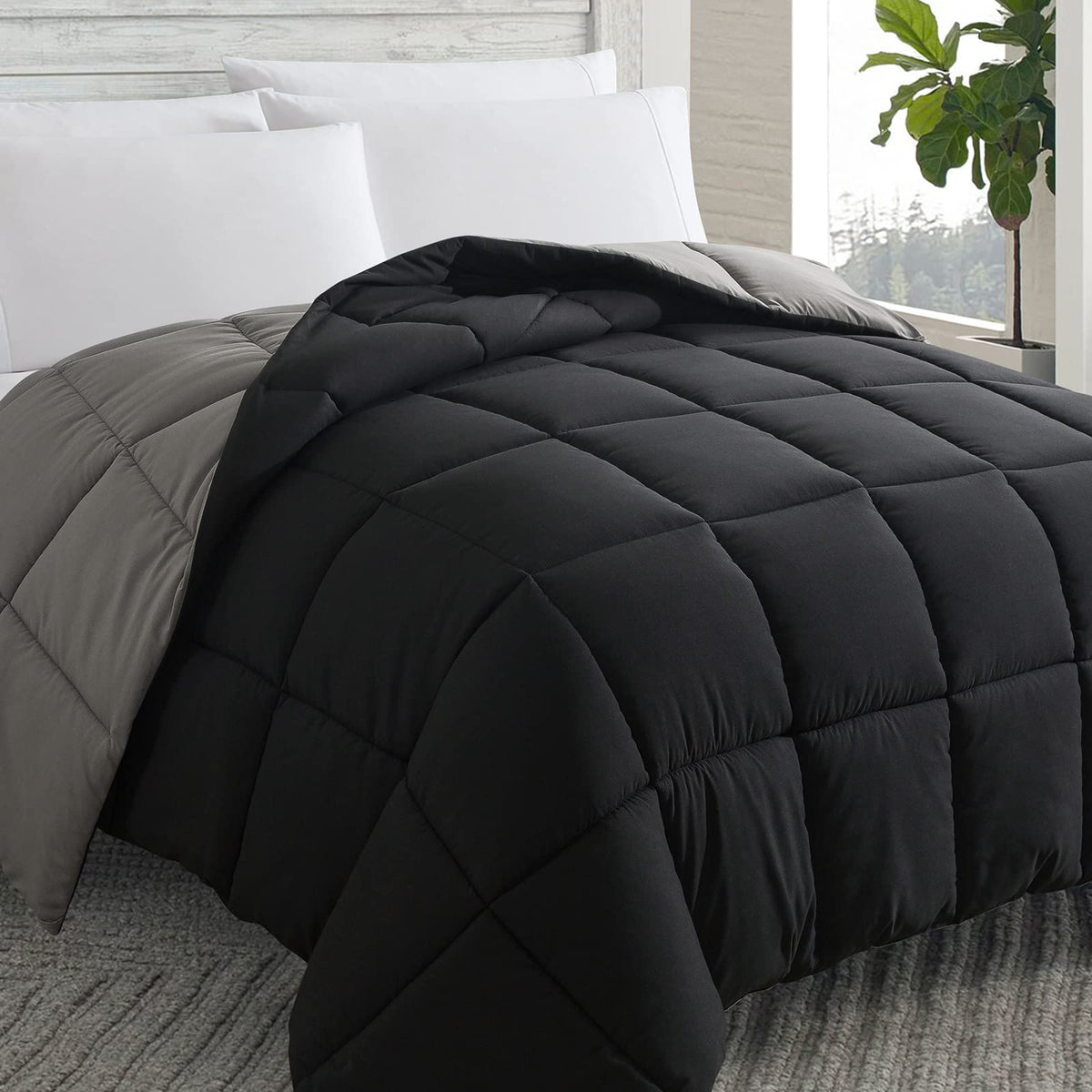 Cosybay down-alternative comforter in queen outer view, showing soft plush texture and Modern Black/Grey color.