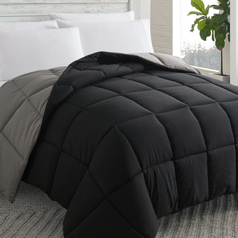 Cosybay down-alternative comforter in queen outer view, showing soft plush texture and Modern Black/Grey color.