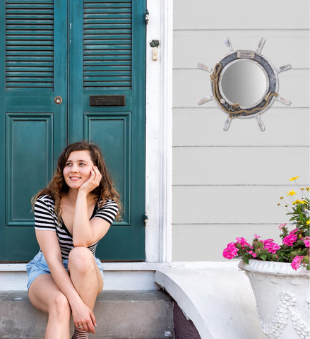 CoTa Global Silver Sea ship wheel mirror closeup shows handcrafted texture and painted finish