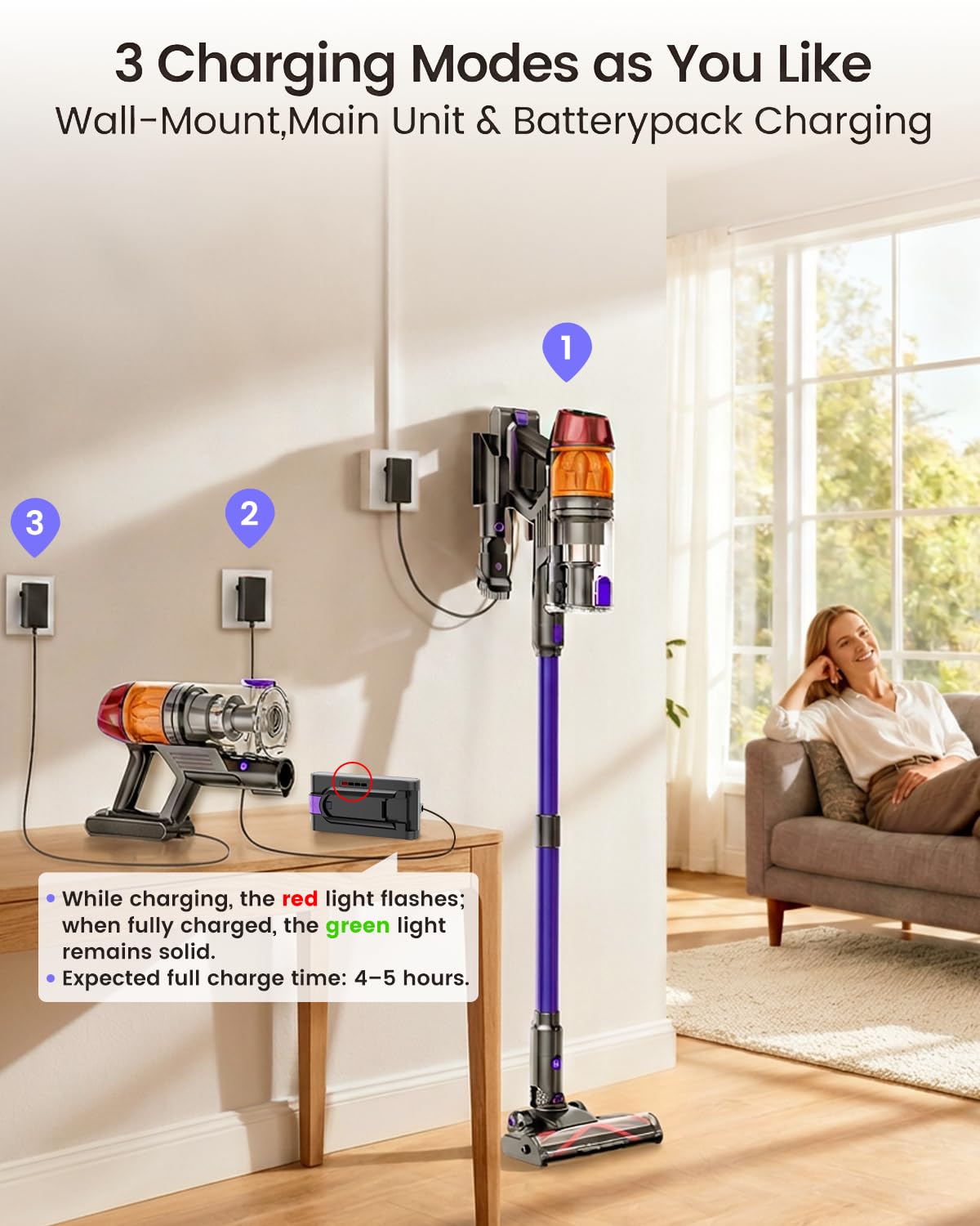 COTIAR 500W brushless motor delivers strong suction for carpets and pet hair removal
