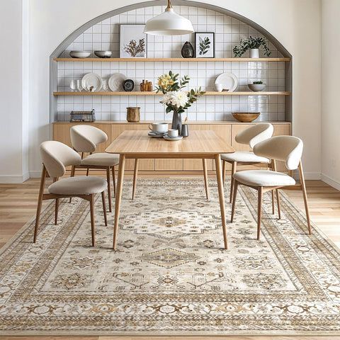 Cotiled home office setup featuring a calm rug accent