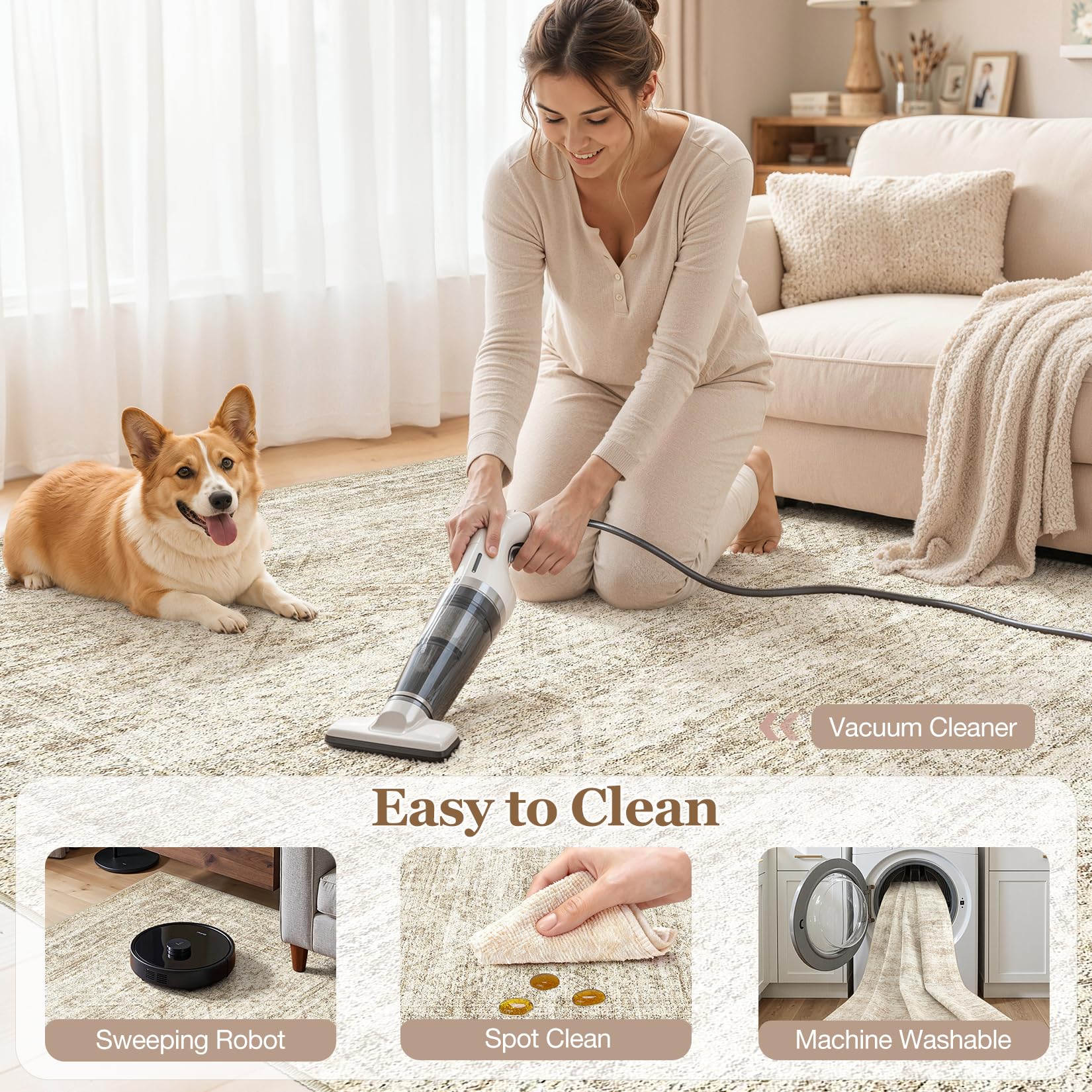 cotiled large area rug 8x10 distressed neutral pattern complements modern and traditional decor.